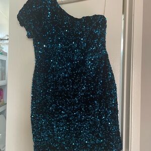 One Shoulder Blue and Black Sequin Dress